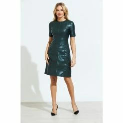 Sosandar Green Leather Look Panelled Shift Dress -Sosandar unnamed file 312
