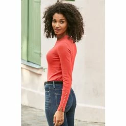 Sosandar Red Button Cuff Crew Neck Jumper -Sosandar unnamed file 3126
