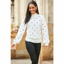 Sosandar White Polka Dot Embroidered High Neck Jumper