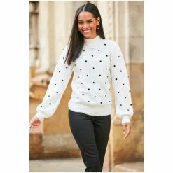 Sosandar White Polka Dot Embroidered High Neck Jumper -Sosandar unnamed file 3140