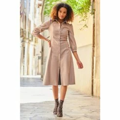 Sosandar Brown Faux Leather Popper Front Shirt Dress -Sosandar unnamed file 317