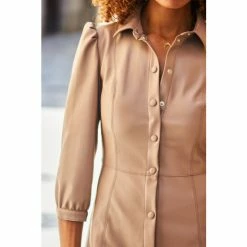 Sosandar Brown Faux Leather Popper Front Shirt Dress -Sosandar unnamed file 319