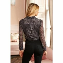 Sosandar Grey Animal Print Sheer Sleeve Shirt -Sosandar unnamed file 3198