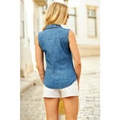 Sosandar Blue Sleeveless Denim Shirt -Sosandar unnamed file 3224