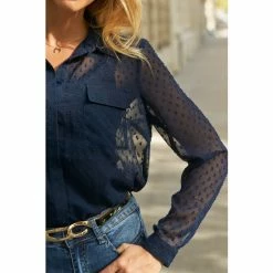 Sosandar Blue Dobby Sheer Sleeve Shirt -Sosandar unnamed file 3244