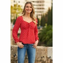 Sosandar Red Spot Tie Front Top