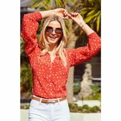 Sosandar Red Ditsy Floral Print Shirt -Sosandar unnamed file 3299