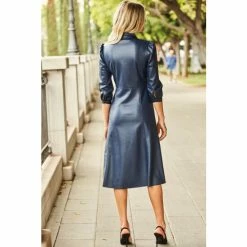 Sosandar Blue Faux Leather Popper Front Shirt Dress -Sosandar unnamed file 330