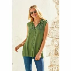 Sosandar Green Sleeveless Utility Shirt -Sosandar unnamed file 3329