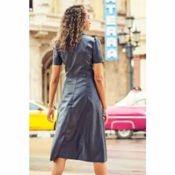 Sosandar Blue Faux Leather Short Sleeve Popper Front Shirt Dress -Sosandar unnamed file 334