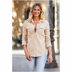 Sosandar Brown Denim Relaxed Fit Popper Front Shirt -Sosandar unnamed file 3341