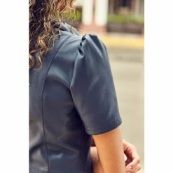 Sosandar Blue Faux Leather Short Sleeve Popper Front Shirt Dress -Sosandar unnamed file 335