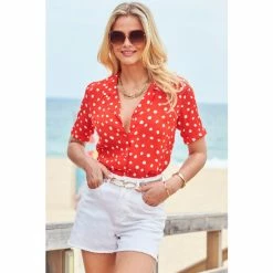 Sosandar Red Spot Print Short Sleeve Relaxed Fit Shirt