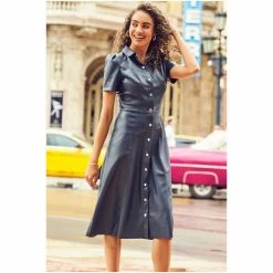 Sosandar Blue Faux Leather Short Sleeve Popper Front Shirt Dress -Sosandar unnamed file 336