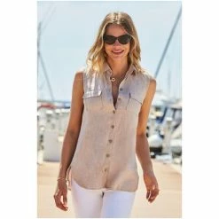 Sosandar Neutral Sleeveless Linen Shirt -Sosandar unnamed file 3376