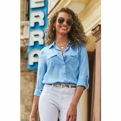 Sosandar Blue Pocket Detail Utility Shirt -Sosandar unnamed file 3397