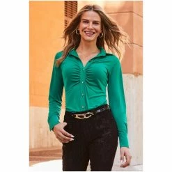Sosandar Green Ruched Front Shirt With Gold Buttons 5 Sosandar Green Ruched Front Shirt With Gold Buttons -Sosandar unnamed file 3436