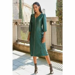 Sosandar Green Zip Front Faux Leather Midi Dress -Sosandar unnamed file 346