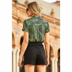 Sosandar Green Animal Print Short Sleeve Utility Shirt -Sosandar unnamed file 3478
