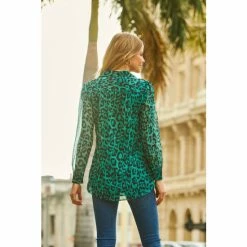 Sosandar Green Animal Print Sheer Sleeve Shirt -Sosandar unnamed file 3505