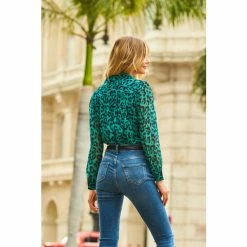 Sosandar Green Animal Print Sheer Sleeve Shirt -Sosandar unnamed file 3506