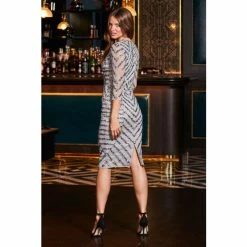 Sosandar Grey V Neck Sequin Sraight Embelished Dress -Sosandar unnamed file 351