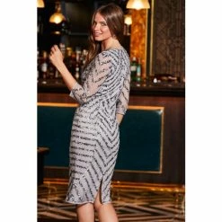 Sosandar Grey V Neck Sequin Sraight Embelished Dress -Sosandar unnamed file 352