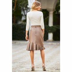 Sosandar Brown Leather Asymmetric Ruffle Hem Skirt -Sosandar unnamed file 3565
