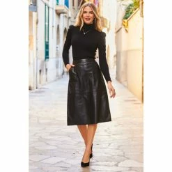Sosandar Black Leather A Line Skirt With Pockets