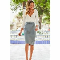 Sosandar Blue Buckle Detail Leather Skirt