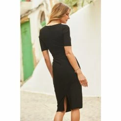 Sosandar Black Body-Sculpting Square Neck Bandage Dress -Sosandar unnamed file 362