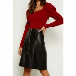 Sosandar Black Leather Zip Front A Line Skirt