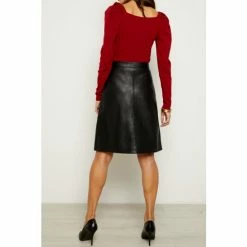 Sosandar Black Leather Zip Front A Line Skirt -Sosandar unnamed file 3638