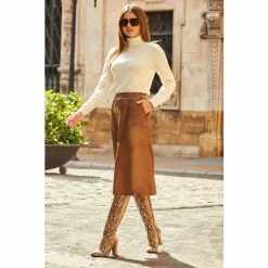 Sosandar Neutral Leather A Line Skirt -Sosandar unnamed file 3655