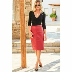 Sosandar Red Leather Panelled Pencil Skirt