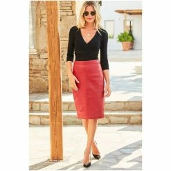 Sosandar Red Leather Panelled Pencil Skirt -Sosandar unnamed file 3663