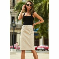 Sosandar Cream Leather Buckle Detail Pencil Skirt