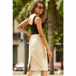 Sosandar Cream Leather Buckle Detail Pencil Skirt -Sosandar unnamed file 3666