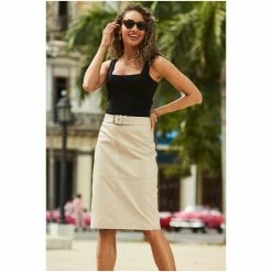 Sosandar Cream Leather Buckle Detail Pencil Skirt -Sosandar unnamed file 3668