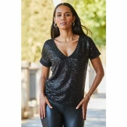 Sosandar Black V Neck Sequin Front Relaxed T-Shirt