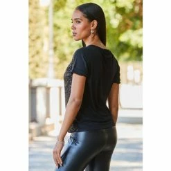 Sosandar Black V Neck Sequin Front Relaxed T-Shirt -Sosandar unnamed file 3707