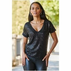 Sosandar Black V Neck Sequin Front Relaxed T-Shirt -Sosandar unnamed file 3708