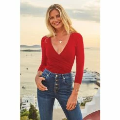 Sosandar Red Faux Wrap Jersey Top