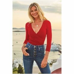 Sosandar Red Faux Wrap Jersey Top -Sosandar unnamed file 3729
