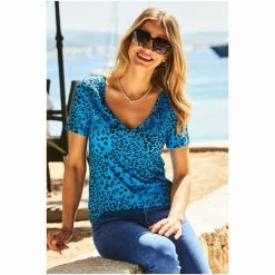 Sosandar Blue Leopard Print Premium Jersey V Neck T Shirt -Sosandar unnamed file 3734
