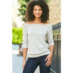 Sosandar Grey Bardot Trim Cuff Relaxed Top