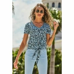 Sosandar Blue Animal Print Premium Jersey Tie Front T-Shirt