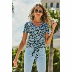 Sosandar Blue Animal Print Premium Jersey Tie Front T-Shirt -Sosandar unnamed file 3751