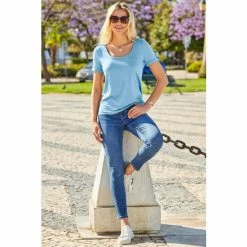 Sosandar Blue Stud Detail Pocket Crew Neck T-Shirt