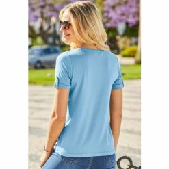 Sosandar Blue Stud Detail Pocket Crew Neck T-Shirt -Sosandar unnamed file 3762